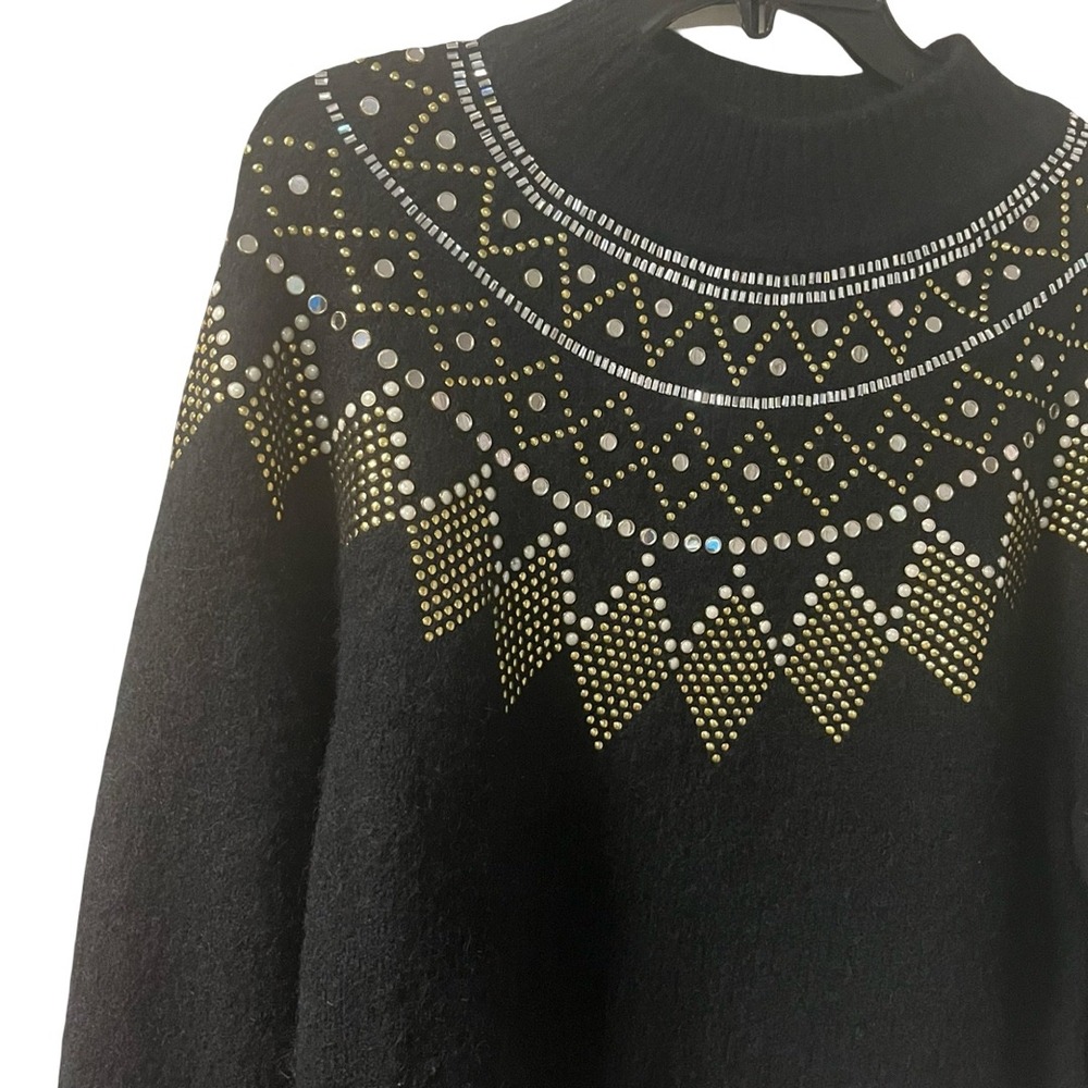 Sandro Paris Black Sweater Embellished Gold Silver Rhinestones Size 0 or‎ XS - Picture 7 of 11